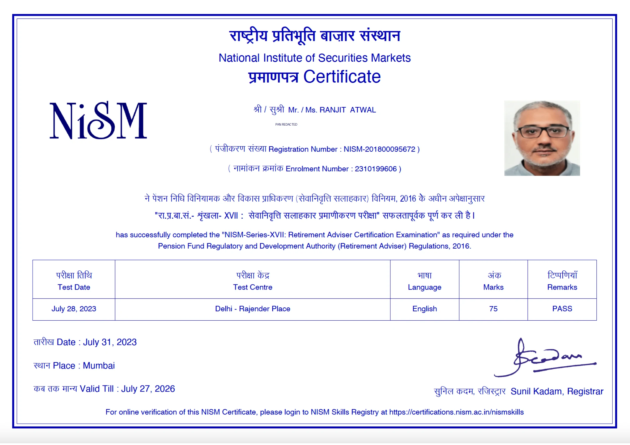 Retirement Adviser Certification Examination certificate issued to Ranjit Atwal, PAN redacted