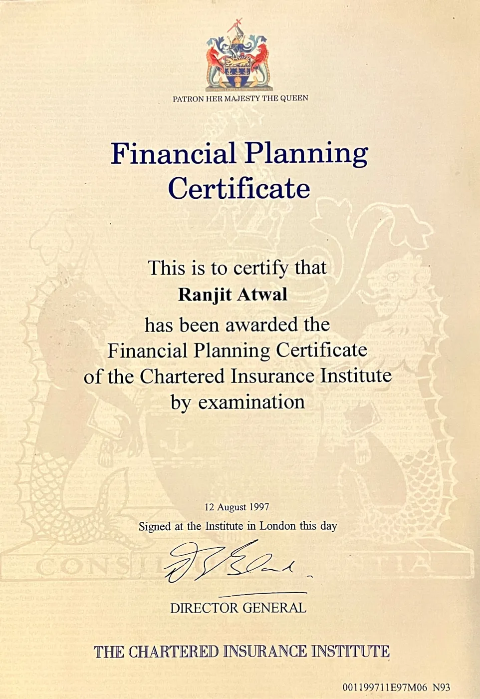Financial Planning Certificate of The Chartered Insurance Institute awarded to Ranjit Atwal