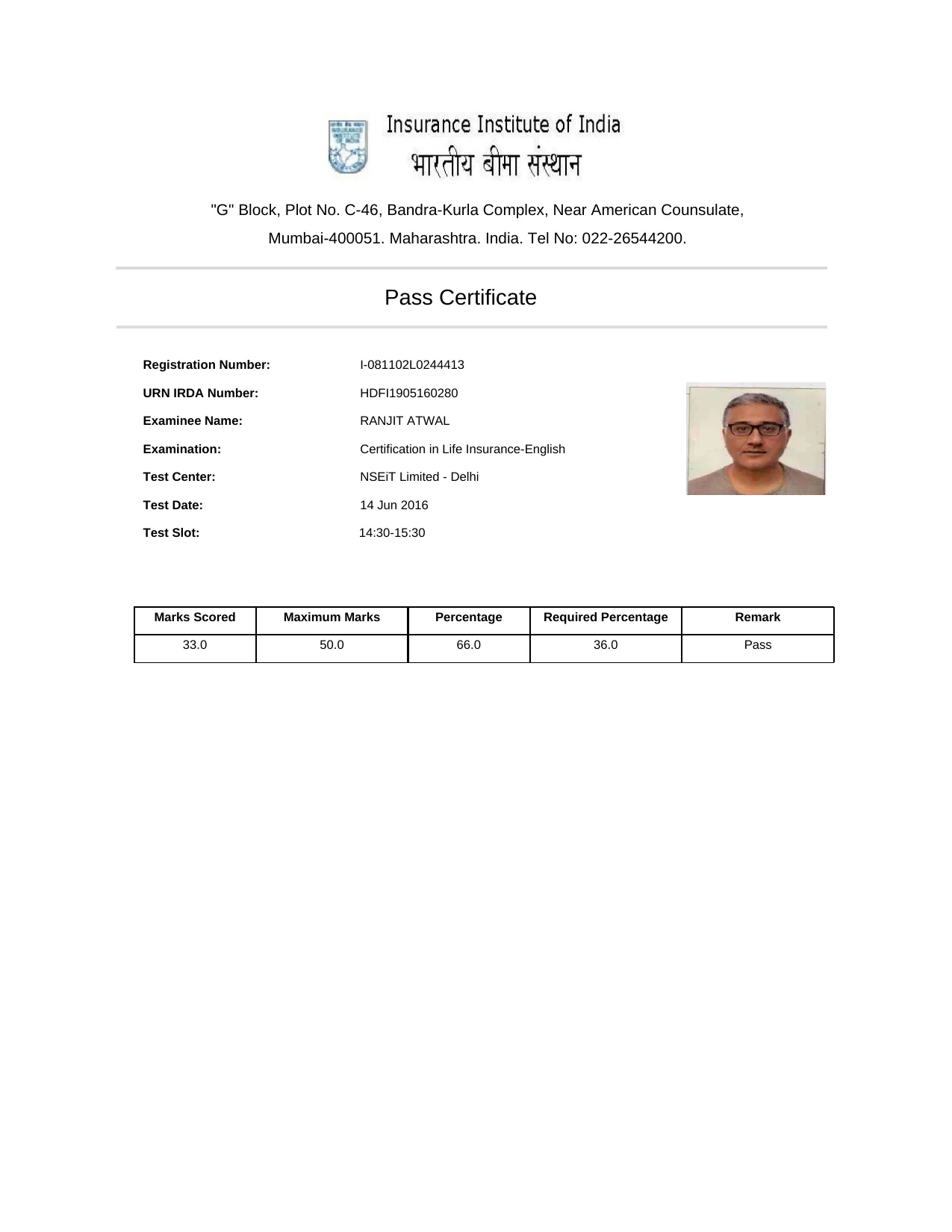 Insurance Institute of India pass certificate for Ranjit Atwal, Certification in Life Insurance