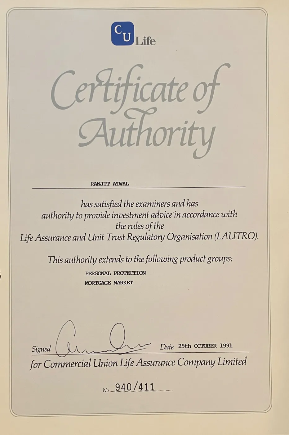 LAUTRO Certificate of Authority issued to Ranjit Atwal by Commercial Union Life Assurance Company Limited in 1991