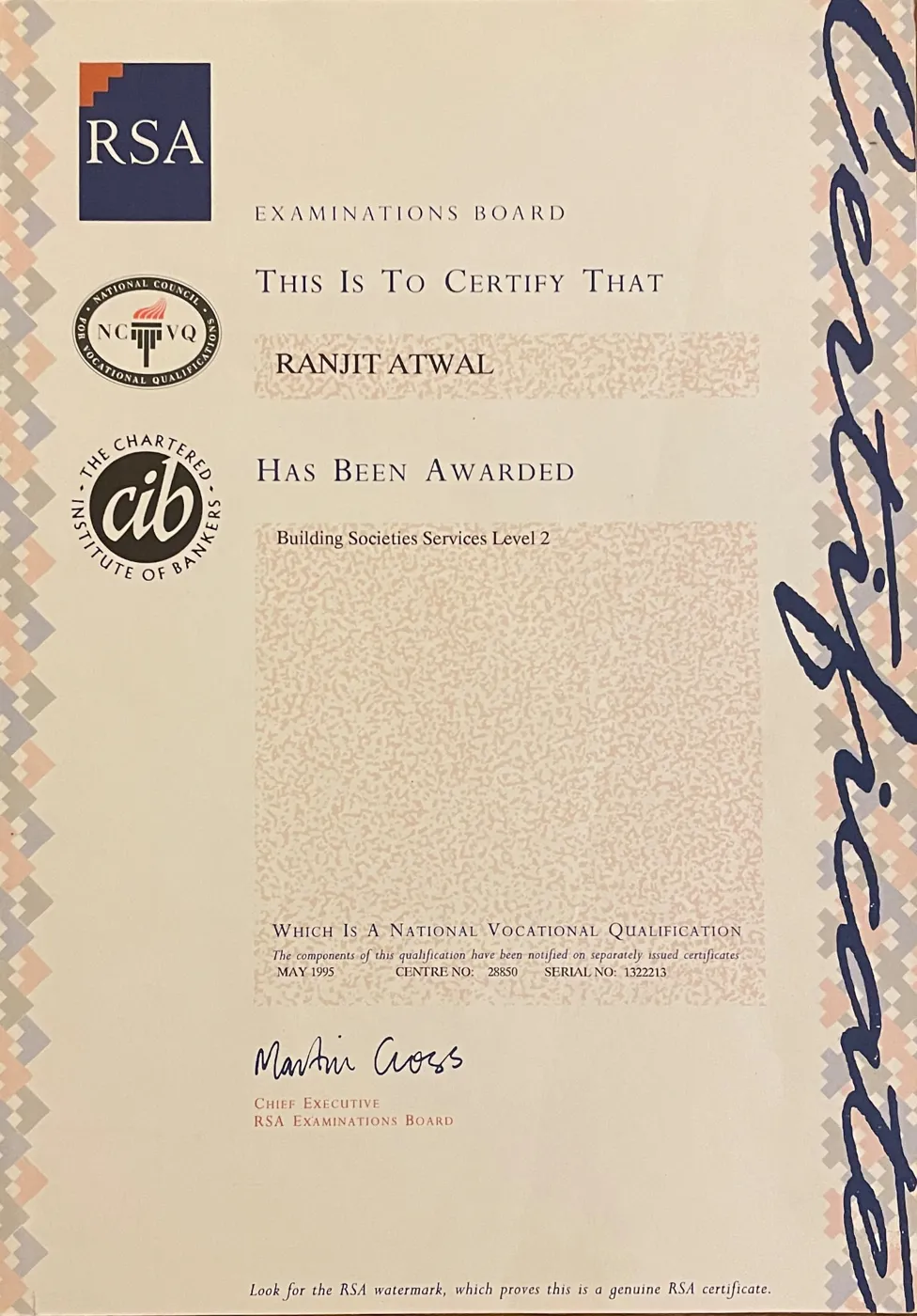 RSA Examinations Board and Chartered Institute of Bankers certificate awarded to Ranjit Atwal