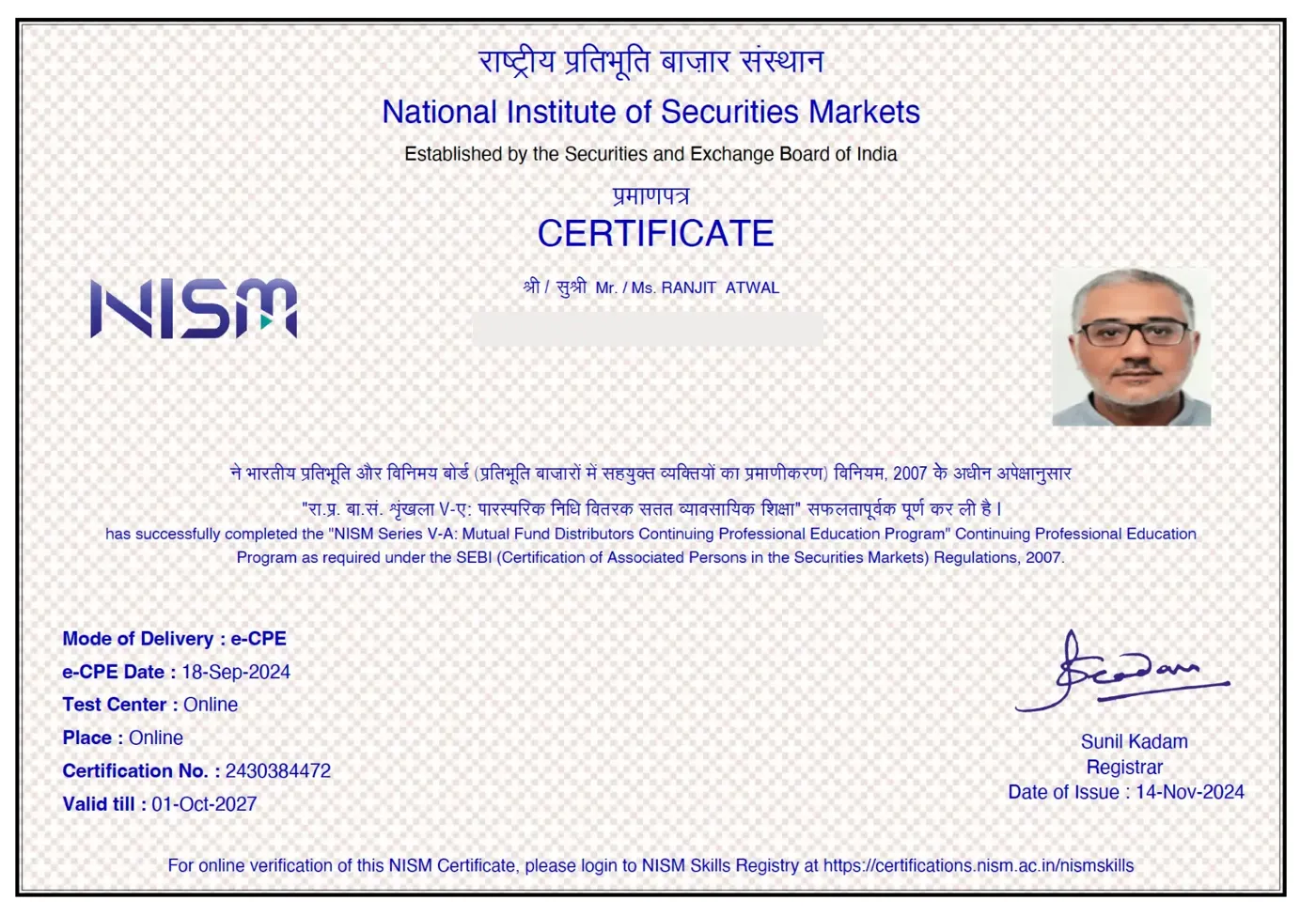 NISM Series V-A Mutual Fund Distributors Continuing Professional Education certificate issued to Ranjit Atwal