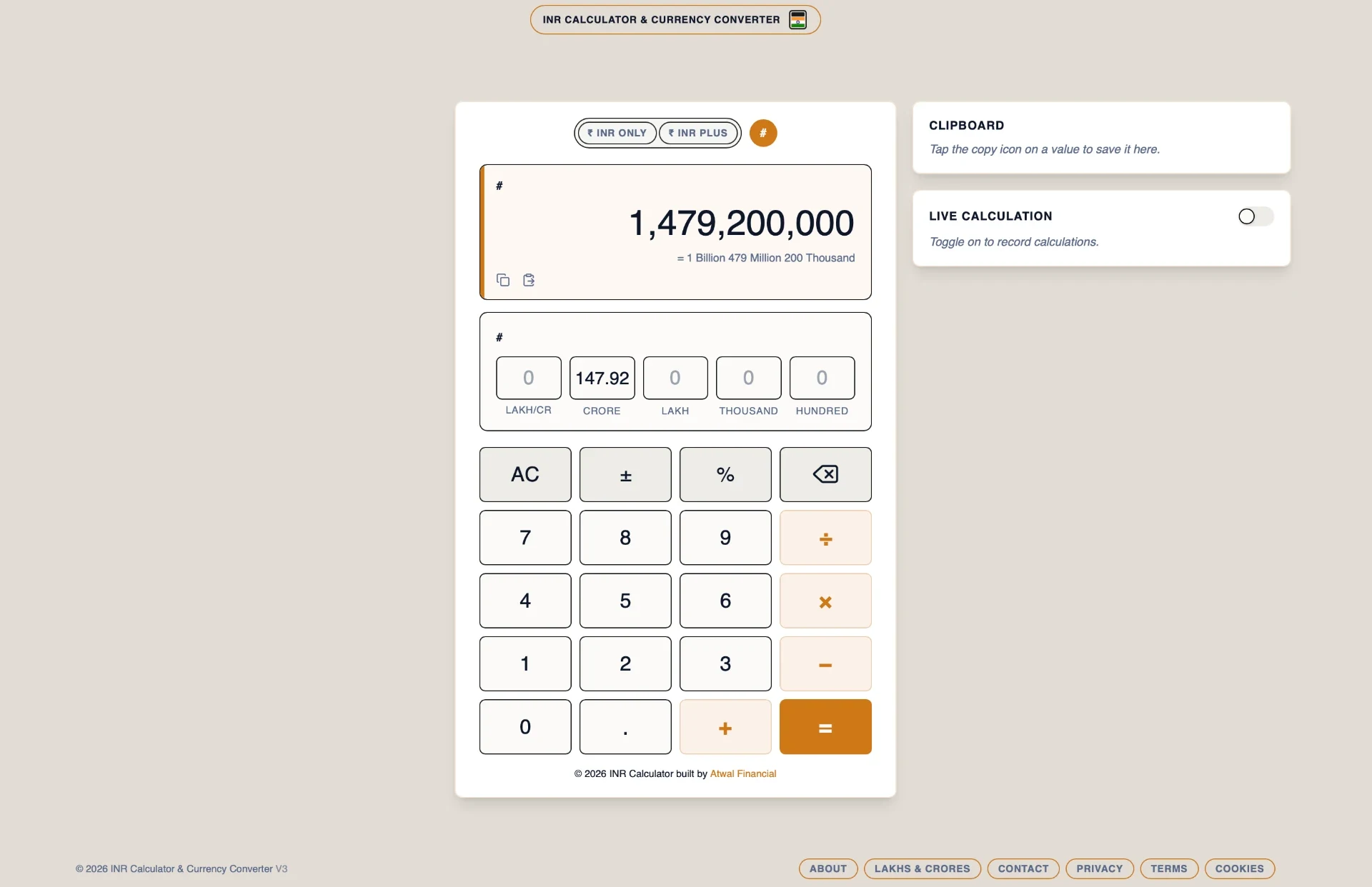 India Rupee Calculator Version 3 showing 147.92 crore as the Western-formatted number 1,479,200,000.