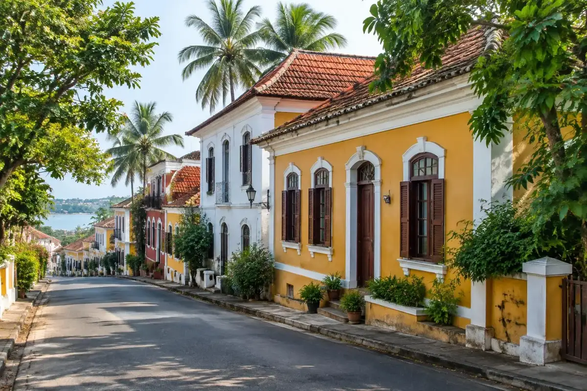 Goan Portuguese-style heritage houses and tropical palms, generated illustration