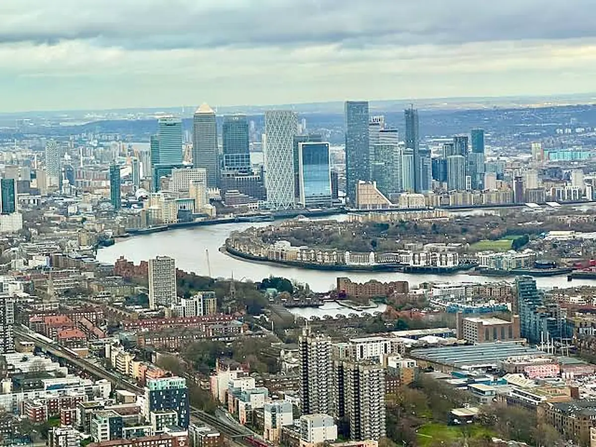Aerial view of Canary Wharf and the River Thames in London
