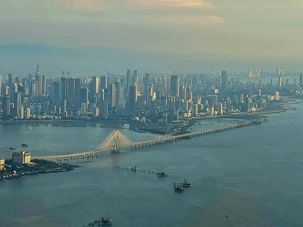 Aerial view of the Mumbai skyline and Bandra-Worli Sea Link at dusk
