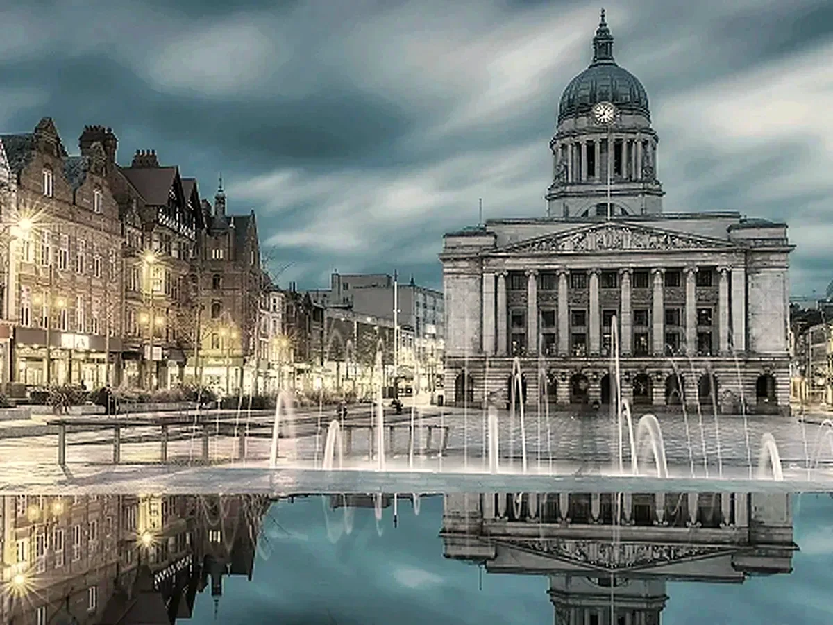 Nottingham Old Market Square and the Council House at dusk